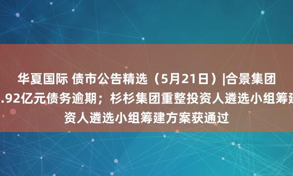 华夏国际 债市公告精选（5月21日）|合景集团子公司新增1.92亿元债务逾期；杉杉集团重整投资人遴选小组筹建方案获通过